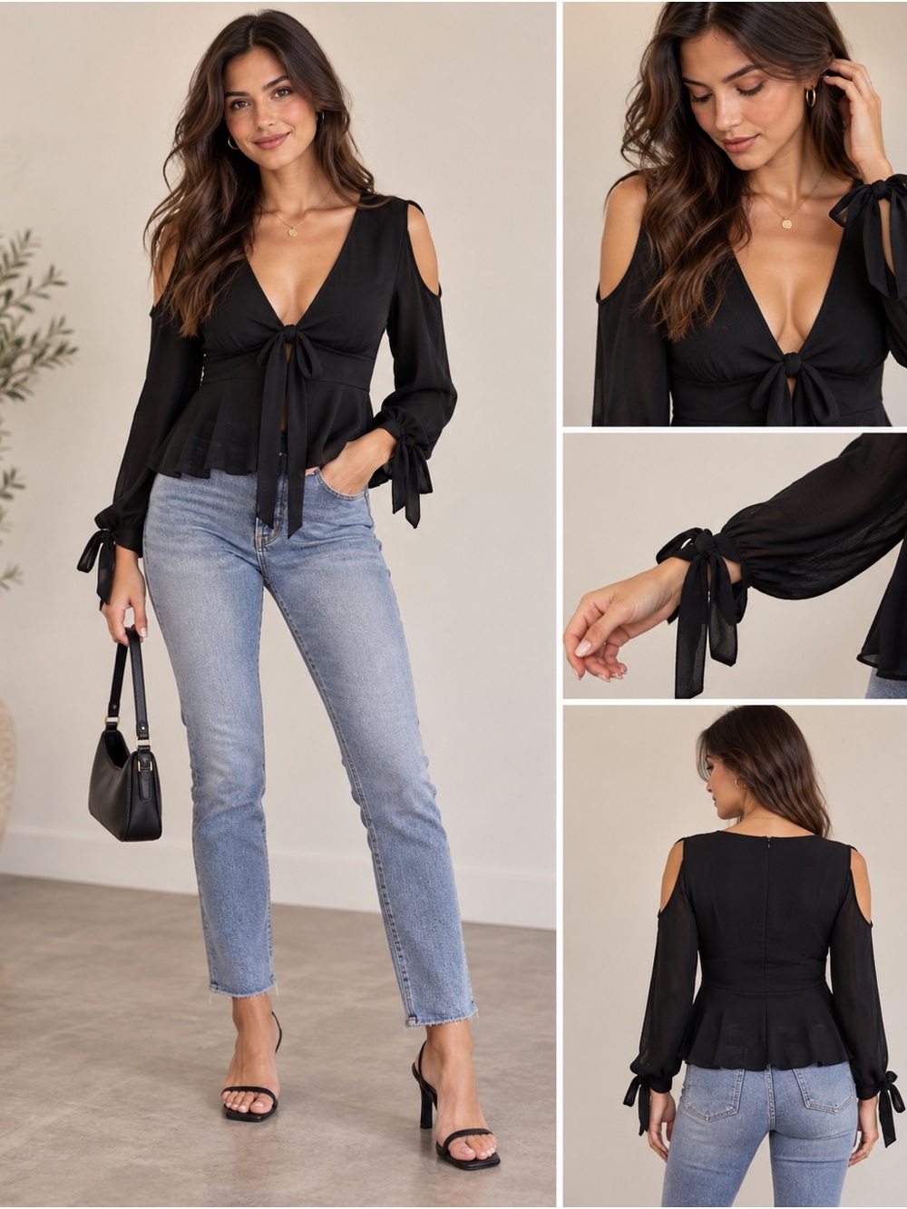 Cold-Shoulder Tie-Front Black Peplum Top